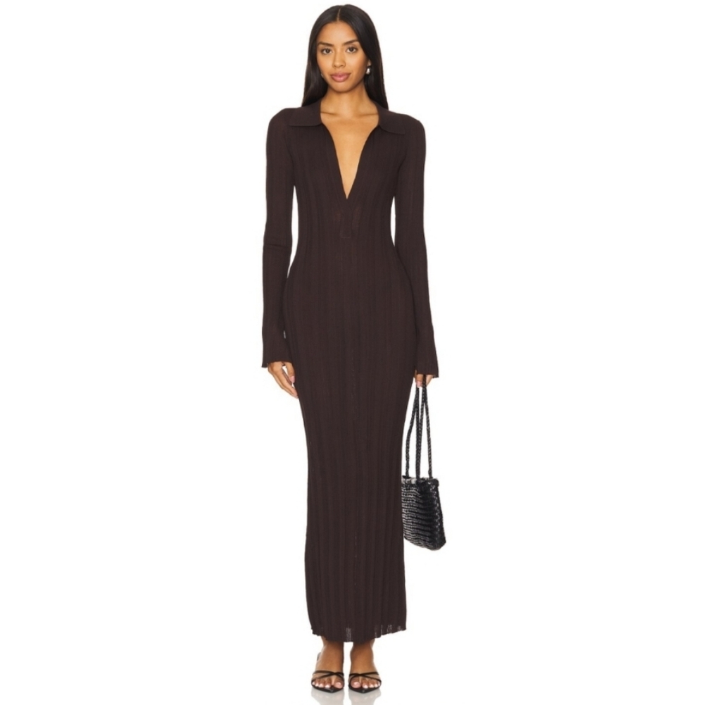 Seroya Azula Ribbed Knit Long Sleeve Maxi Dress In Ash Brown Size XXS